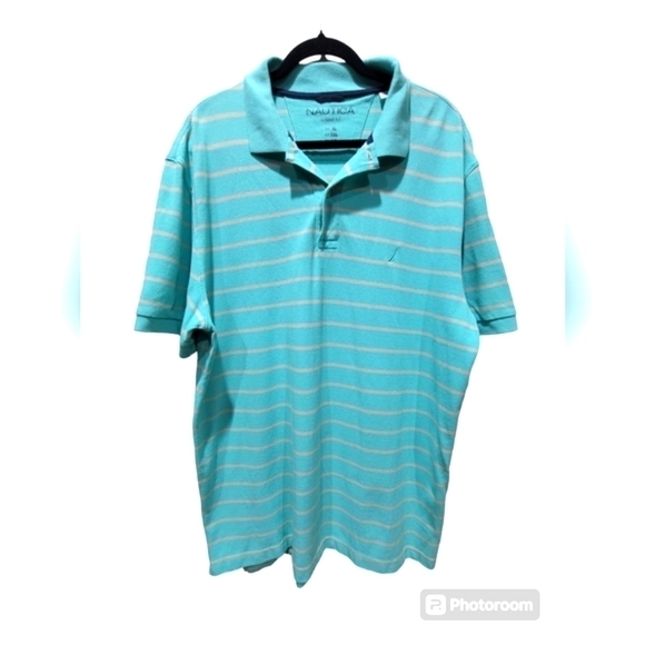 NAUTICA XL Light Blue Stripes Polo Short Sleeve Shirt Casual Office Party Beachy - Picture 1 of 7